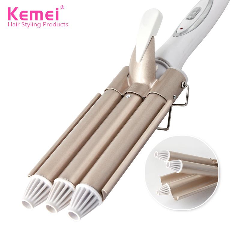 Kemei Three Rod Hair Curler Electric Roll Bar Water Ripple Plywood Large Volume Hair Iron Curler(EU Plug)