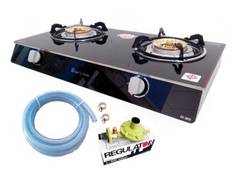 Lucky Flame เตาแก๊สตั้งโต๊ะ หัวทองเหลือง 2หัว หน้ากระจก รุ่น AG-102S + หัวปรับ รุ่น L-325S พร้อมสายแก๊ส