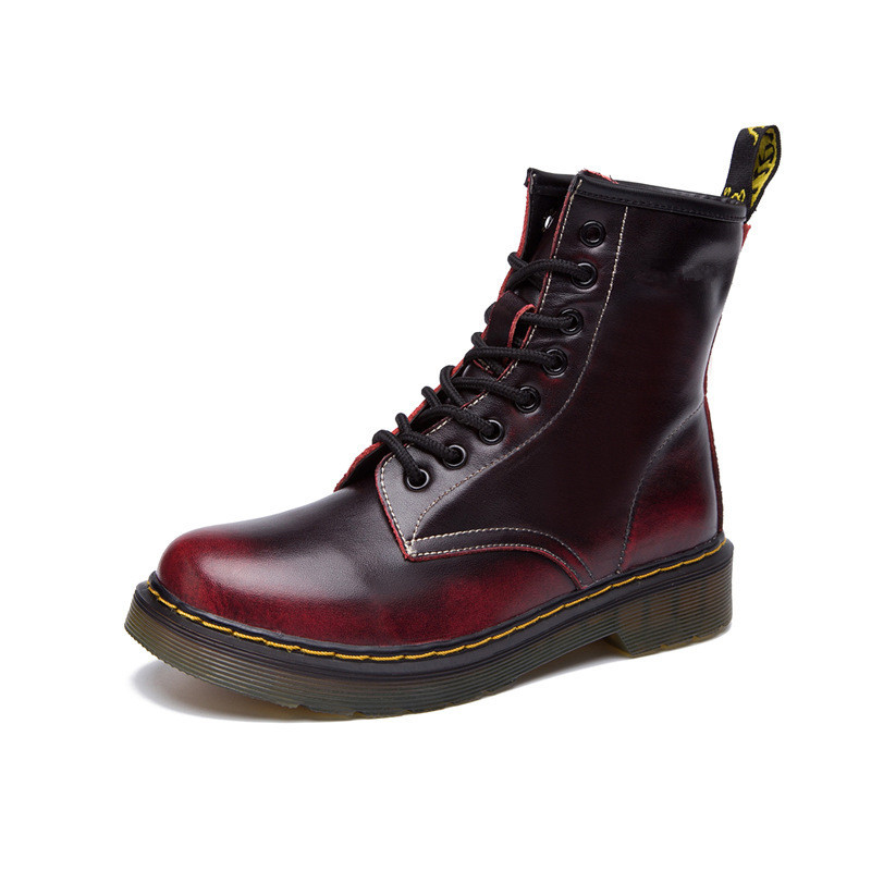 แนะนำ Lace-up Martin Boots 100% Genuine Leather Motorcycle Boots For Women&Men Plus Size(Chili Red) ขายถูก