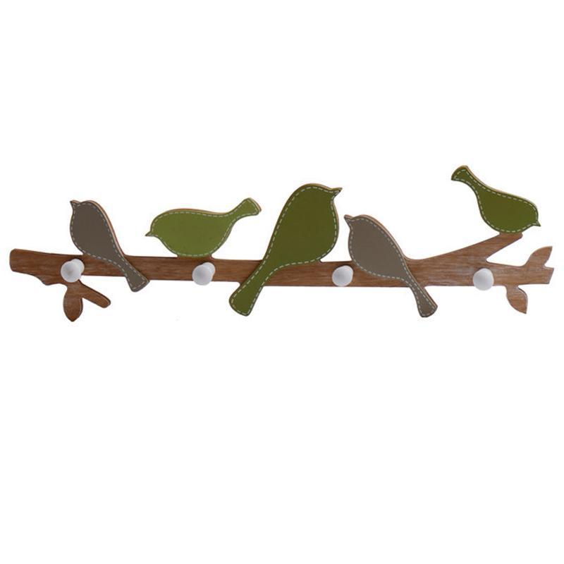 Wooden Bird Wall Hanger Hook Rack Clothes Hat Key Organizer Home Room Decor, Green