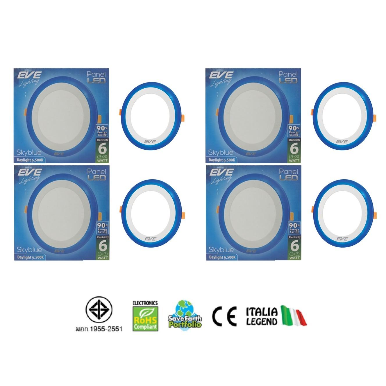 EVE โคมพาเนลไลท์แอลอีดี สกายบลู หน้ากลม (3+3) 6 วัตต์ เดย์ไลท์ แพ็ค ( 4 หลอด ) EVE โคมพาเนลไลท์แอลอีดี สกายบลู หน้ากลม (3+3) 6 วัตต์ เดย์ไลท์ แพ็ค ( 4 หลอด )