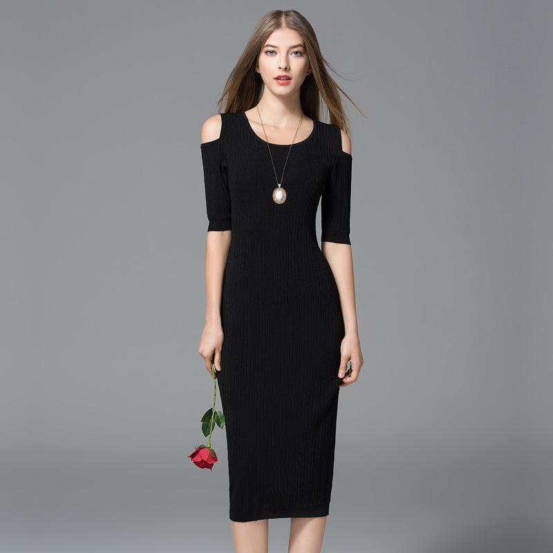 Mara Kala Musim Semi Wanita Terbuka-Shouldered Lengan Slim Pinggang Lengan Panjang Lengan Pendek Gaun