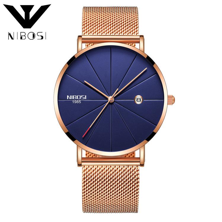 Nibosi Fashion 2321 Ultra Tipis Jaring Milan Band Unisex Kuarsa Jam Tangan (Mawar Emas Band-Biru)