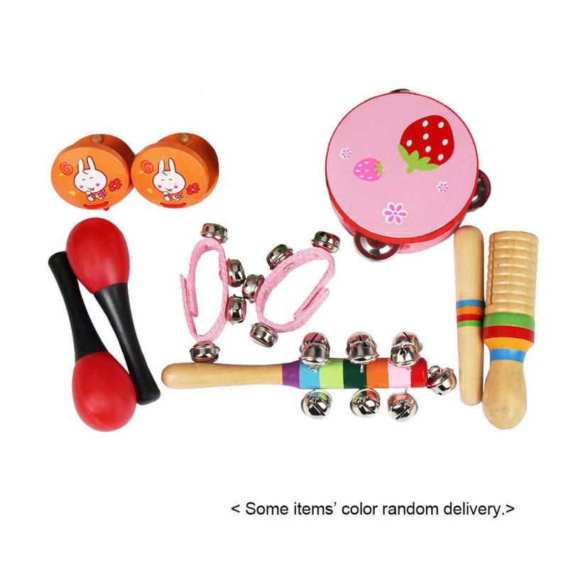 10 Cái/bộ Đồ Chơi Âm Nhạc Nhạc Cụ Gõ Nhạc Bộ Nhịp Điệu Bao Gồm Tamborine Maracas Castanets Chuông Tay Hướng Dẫn Bằng Gỗ Cho Trẻ Em Trẻ Em Trẻ Mới Biết Đi