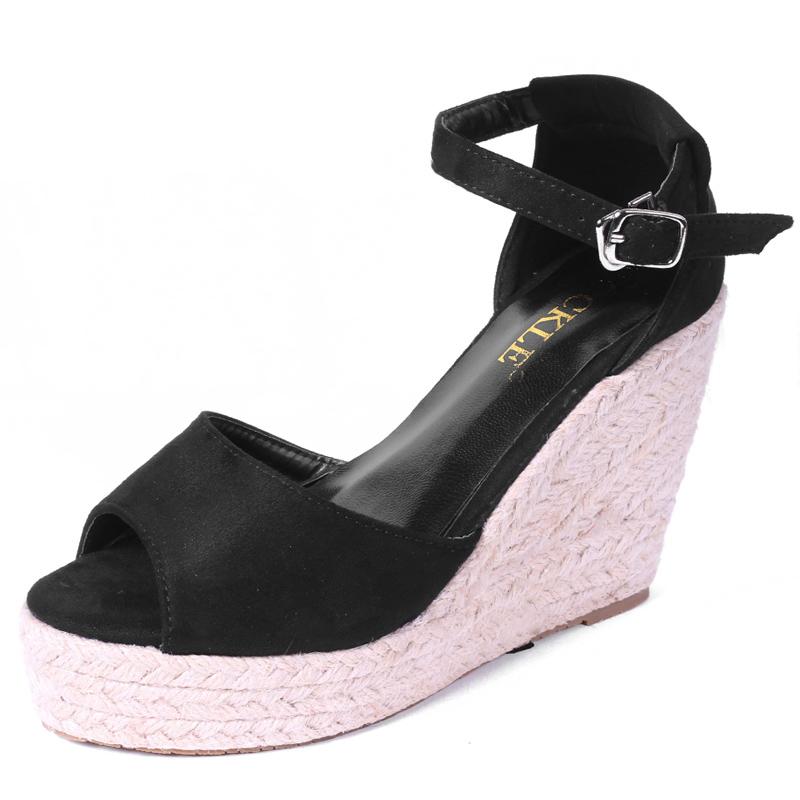 Ukuran Plus Sandal Wanita Bohemian Tali Pergelangan Kaki Jerami Wedge Platform untuk Sepatu Wanita Kumpulan Sepatu Hak Tinggi Penutup Tumit Sandal-Intl