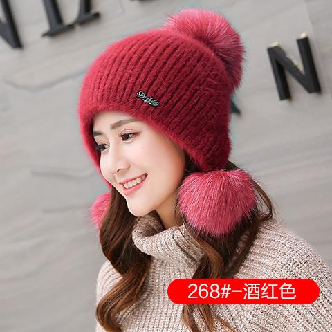 Topi Bulu Kelinci musim dingin perempuan topi wol rajut Versi Korea cantik dan manis modis pasang netral Penghangat Pelindung Telinga wol topi
