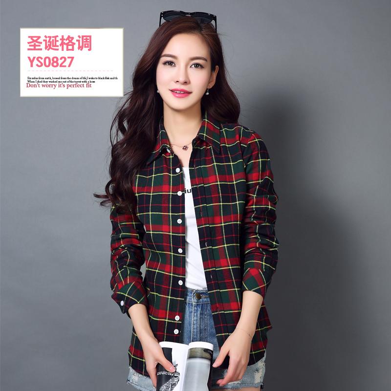 Versi Korea perempuan Musim Semi dan Gugur lengan panjang kemeja Slim kemeja katun kemeja kotak-