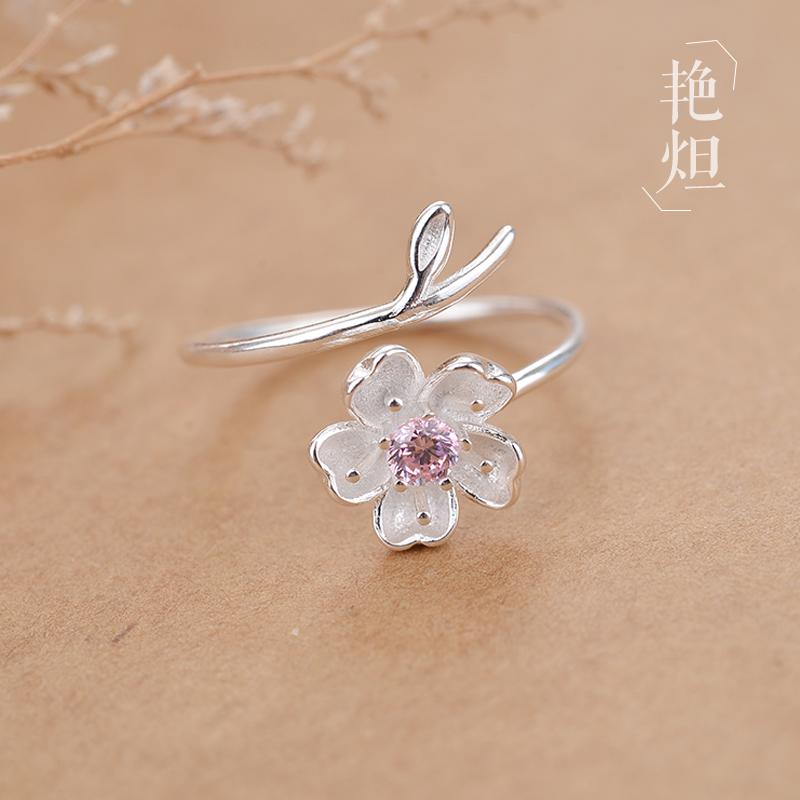 Kreatif 925 perak murni Cincin perempuan Jepang Korea kepribadian Sastra Sederhana dan Elegan Sakura Bagian Buka Tutup Dapat Disesuaikan cincin kelingking jari telunjuk cincin