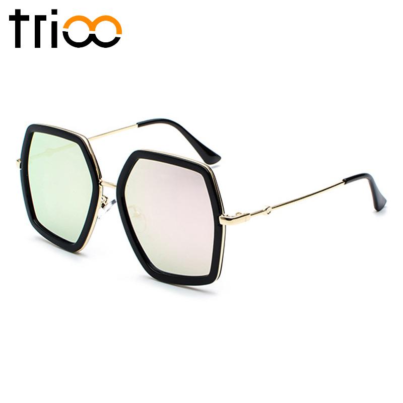 TRIOO Polygon Persegi Kacamata Matahari Wanita Bergaya Wanita Kebesaran Sunglasses UV400 Perlindungan Oculos de sol feminino Besar Lunette Dalam Abu-abu