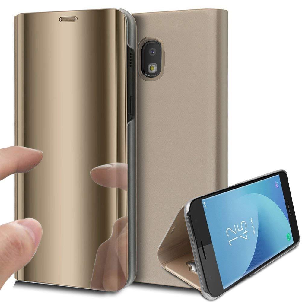 Untuk 【Samsung Galaxy J7 Plus/C8 】 Cermin Sepuhan-elektrik Jelas Dudukan Flip Case Cakupan Penuh Tahan Guncangan Penutup