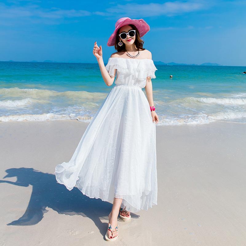 Trễ Vai Trắng Sanya Váy Đi Biển Nữ Giúp Vóc Dáng Thon Gọn Váy Dài Voan Bên Bờ Biển Du Lịch Đầm Giống Nàng Tiên Dáng Dài
