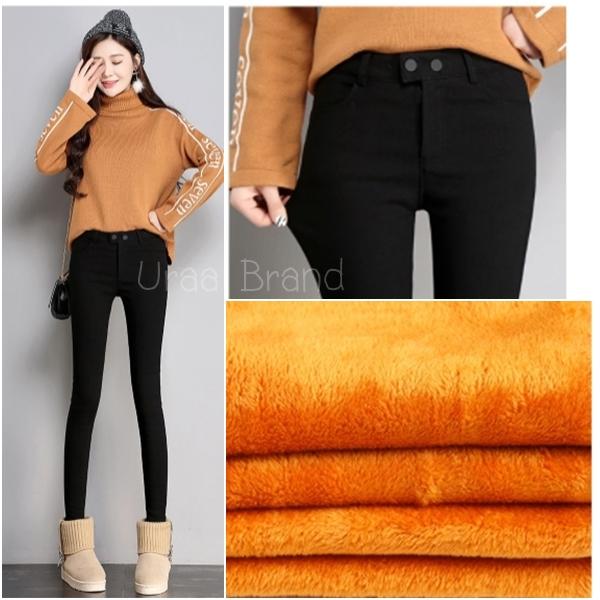 Skinny Wool Winter Pants Woman สกินนี่บุขน สกินนี่กันหนาว กางเกงขายาวบุขน กางเกงกันหนาว แม้อุณหภูมิติดลบ รุ่น 2 Med แต่งกระดุมสีดำ 2 ระดับ และซิป  สีดำ