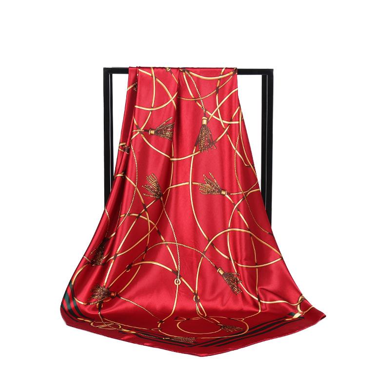 Sutra Syal Besar Persegi Tali Rantai Rumbai Kain Sutra Yang Ditiru 90 Cm * 90 Cm Bergaya Bunga Satin Sutra Syal selendang Jilbab Pashima Bandana SSCARF20180321H1565-Internasional