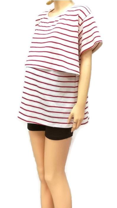 Bandekd เสื้อให้นม เสื้อคลุมท้อง สีครีม (ลายริ้วขวางสีแดง)