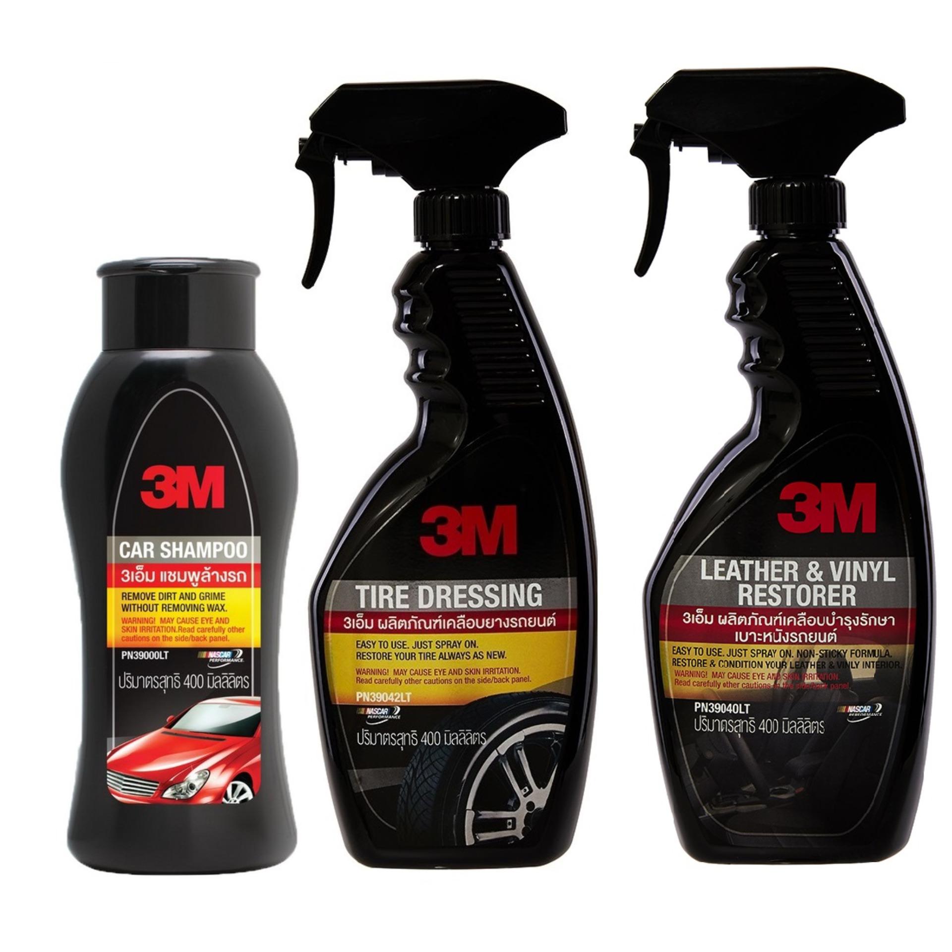 3M แชมพู สเปรย์เคลือบเงาเบาะหนังและไวนิล & เคลือบเงายางรถยนต์ 400มล Shampoo, Leather Vinyl Restorer & Tire Dressing