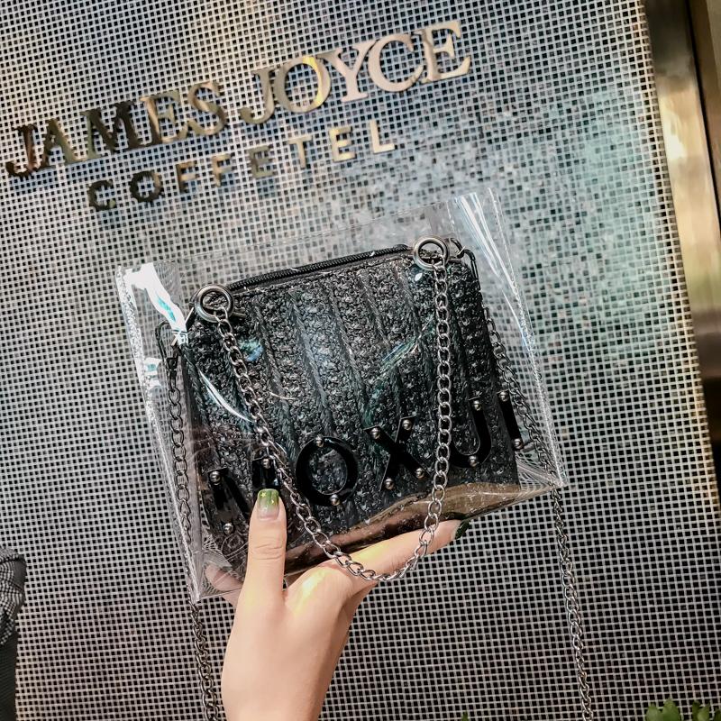 2018 summer new fashion women bag simple and beautiful woven shoulder bag portable built-in internal bag transparent cosmetic bag girls cross bag