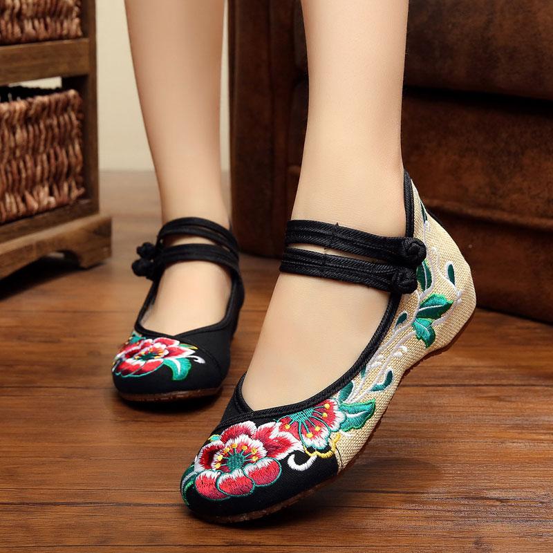 Beijing Oleander Bordir Pakaian Adat Tiongkok Sepatu Pernikahan Sepatu Kain (Hitam)