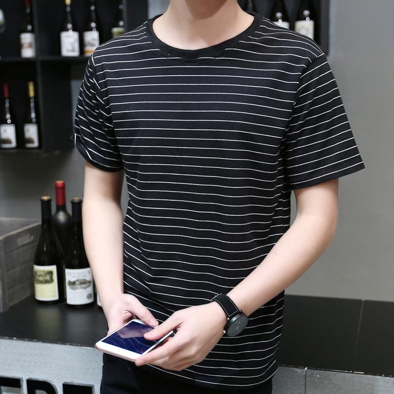 Musim Panas Korea Fashion Style Pria Remaja Slim Baju Gaya Pelaut Leher Bulat Bergaris Lengan Pendek Kaos (Garis Horizontal Pendek T Hitam)