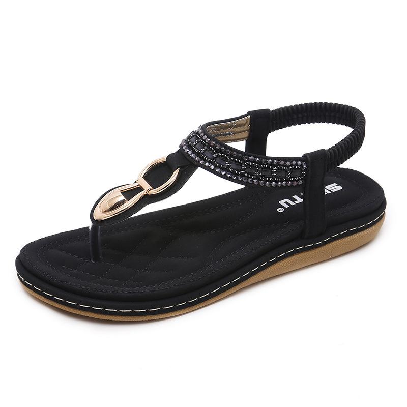 2018 memikirkan versi Korea dari sandal wanita Bohemian berlian imitasi klip kaki datar di luar kode grosir Aprikot