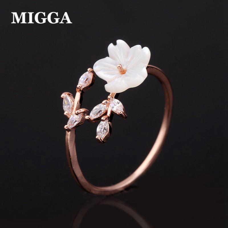 Migga Halus Zircon Crystal Daun Bunga Kerang Cincin untuk Wanita Wanita Anak Perempuan Mawar Warna Emas Jari Bague