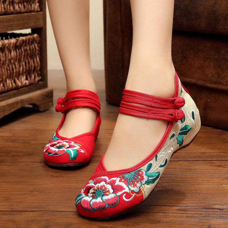 Beijing Oleander Bordir Pakaian Adat Tiongkok Sepatu Pernikahan Sepatu Kain (Merah)