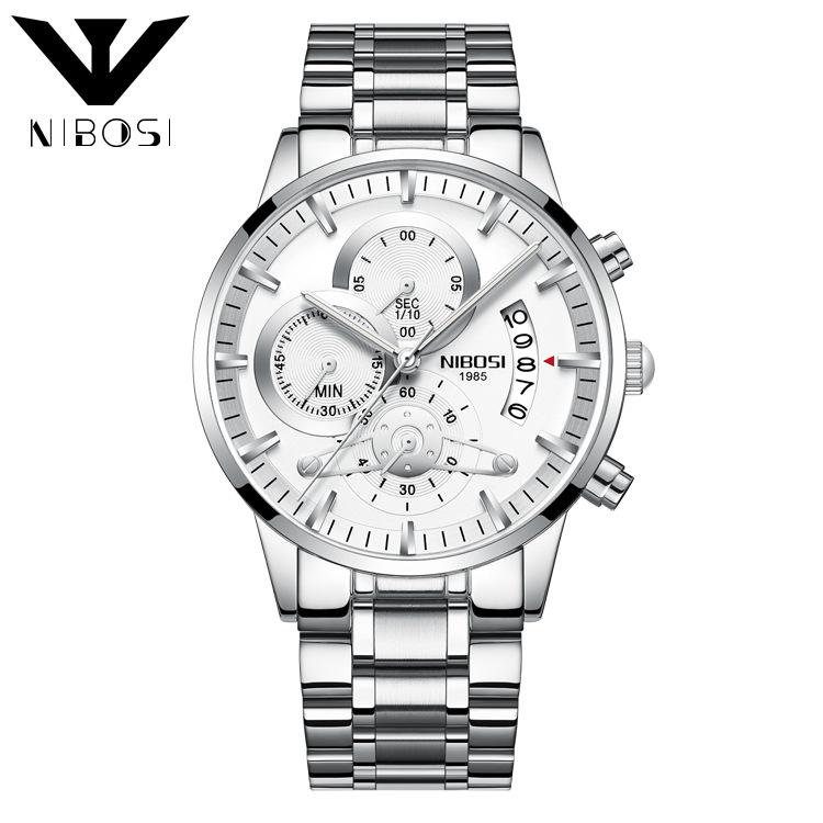 Nibosi 2309-1 Tali Ikat Baja Anti Karat Tahan Air Kalender Pria Bisnis Jam Tangan Kuarsa (Putih-Silver)