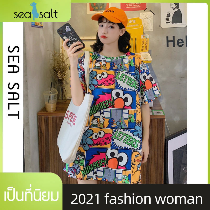 SEA2021New ภาพการ์ตูน เสื้อยืดแฟชั่นผู้หญิง เสื้อยืดแขนสั้น รูปแบบ Doodle , Korean fashion, แมชต์ได้ทุกสไตล์ สวมใส่สบาย รับประกันคุณภาพ ราคาถูก