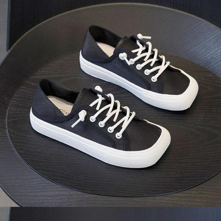 Ugly and Cute Canvas Shoes for Female Students Korean Style Mango Head Spring New Mesh Flat All-Match Casual Shoes White Shoes