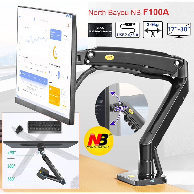 North Bayou NB F100A แก๊สสปริงแขน 22-35 นิ้วหน้าจอผู้ถือ 360 หมุนเอียงหมุนเดสก์ท็อป Mount Arm พร้อมพอร์ต USB3.0 2 พอร์ต
