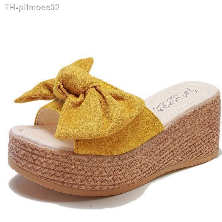 รองเท้าแตะผู้หญิงส้นสูง SHW017 ดีไซน์ใส่สบายมีโบว์น่ารัก แฟชั่นของในช่วงฤดูร้อนเวอร์ชั่นเกาหลี Black-Pink-Yellow 37-40