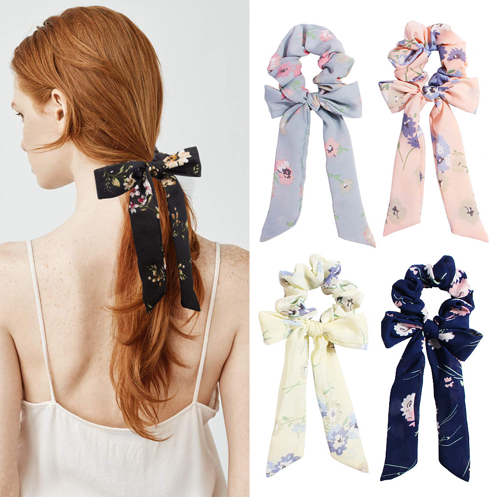GVGSX9N Women Girls Girls Hair Rope Ponytial Holder Hair Scarf Elastic Hairbands Scrunchie Floral Print Bow Streamers Hair Ring