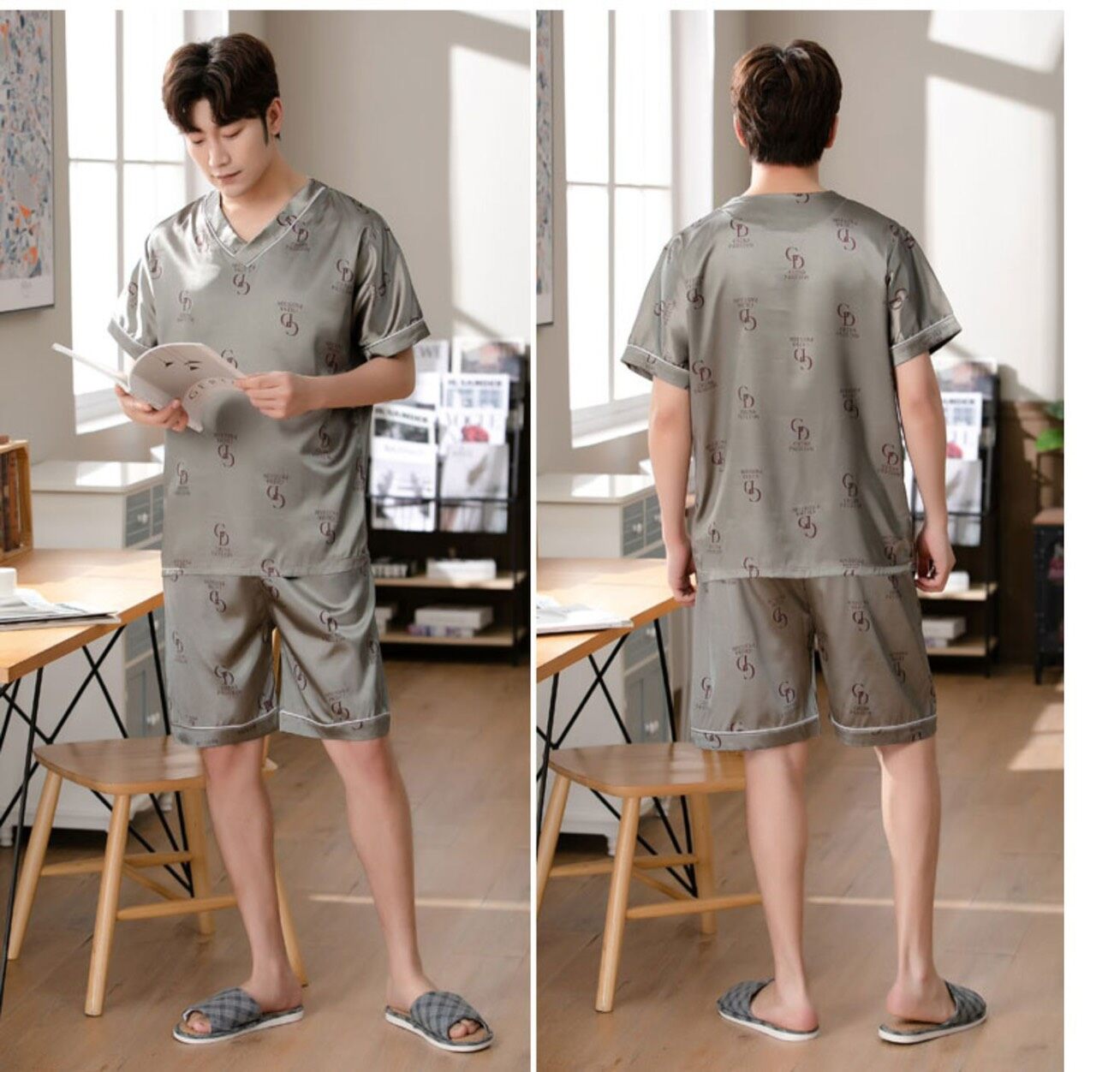 ส่งจากไทย-ชุดนอนผู้ชาย ผ้าซาติน คอกลม เสื้อเเขนสั้น+ขาสั้น