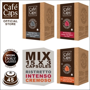 สินค้า Cafecaps - Coffee Dolce Gusto MIX Compatible capsules of Ristretto, Intenso & Cremoso (แคปซูล 3 กล่อง X15 แคปซูล) - Dolce Gusto แคปซูลกาแฟแคปซูลที่เข้ากันได้ กาแฟสไตล์อิตาเลียนทั่วไป ส่วนผสมของโรบัสต้าและอาราบิก้า