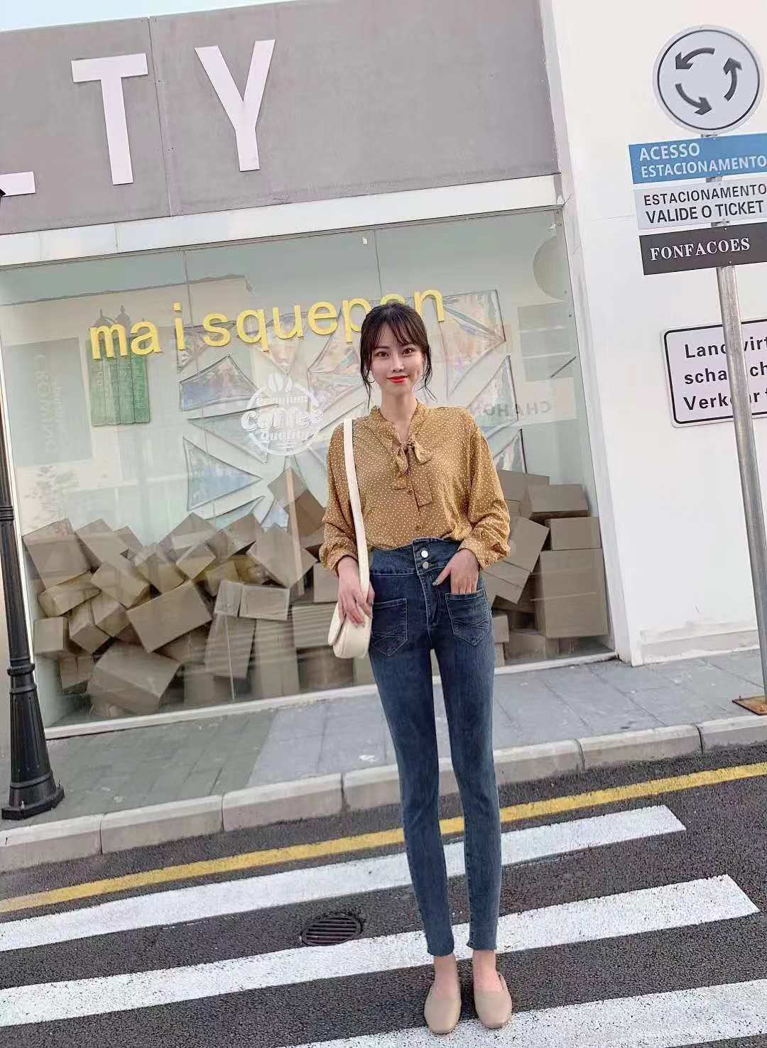 201 กางเกงยืนส์ขาเดฟแฟร์ชั่นหญิง เอวสูงสะไตล์เกาหลี (สินค้าพร้อมส่ง)