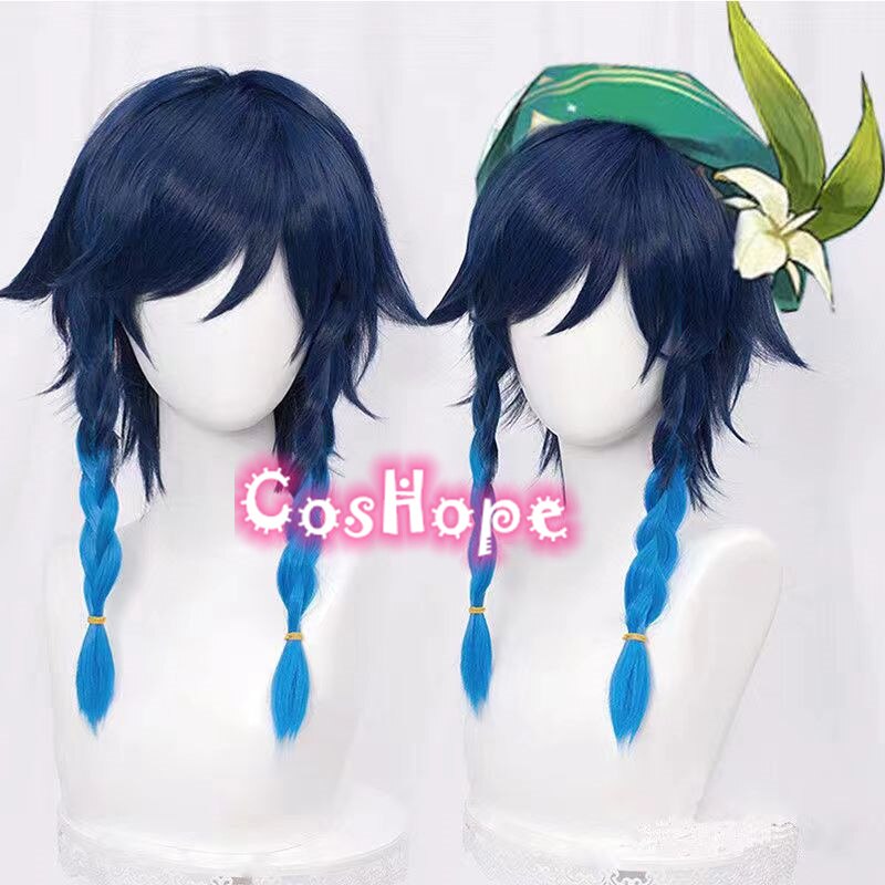 Genshin Impact Venti Cosplay Tóc Giả Unisex 50Cm Màu Xanh Tóc Giả Cosplay Anime Cosplay Bím Tóc Tóc Giả Chịu Nhiệt Tổng Hợp Tóc Giả Halloween