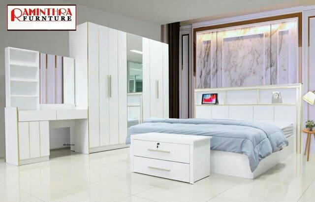 Raminthra Funiture ชุดห้องนอน ไวท์โกลด์ คอลเล็คชั่น 5ฟุต+ที่นอนสปริง 5 ฟุต ( Bedroom Set ) queen size ราคา 26,900 บาท*ส่งฟรี