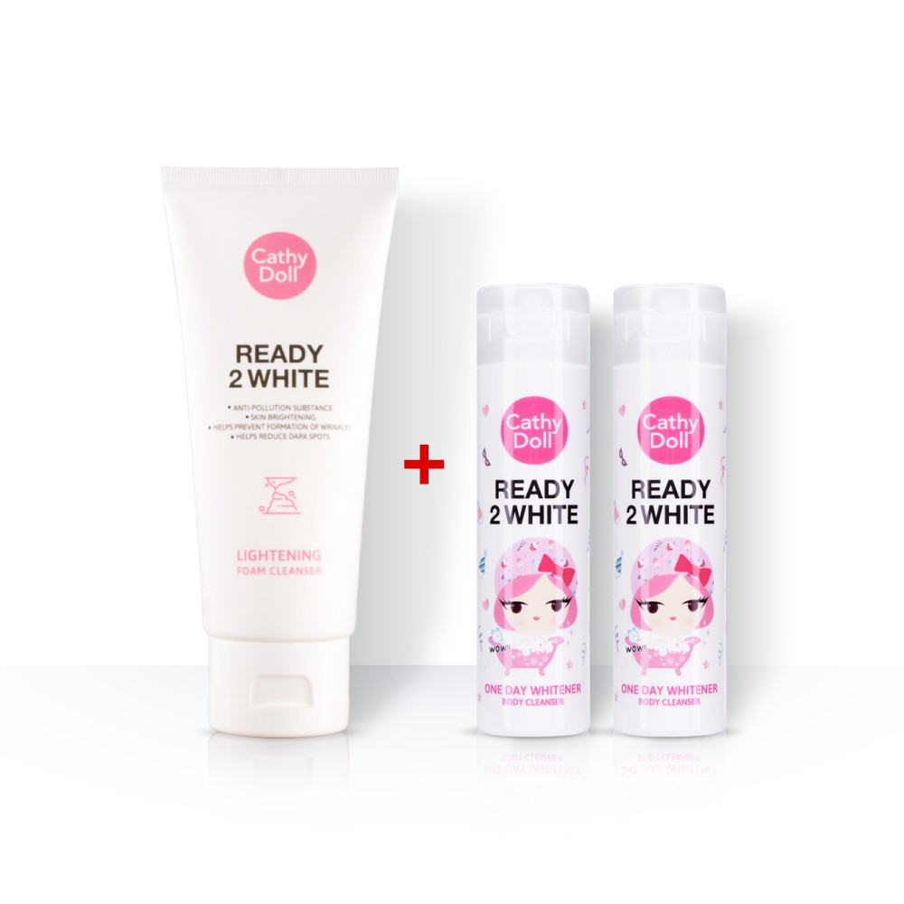 Cathy Doll Ready 2 White Lightening Foam 100ml + One Day Body Cleanser 85ml 2pcs. โฟมเนื้อนุ่ม + ครีมอาบน้ำ เคที่ดอลล์