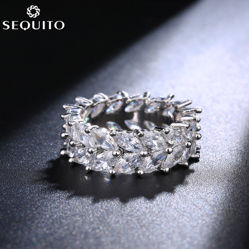Sequito nhẫn đôi nhẫn cưới nữ sang trọng mạ vàng trắng đính đá zircon khối lập phương cho cô dâu sr047