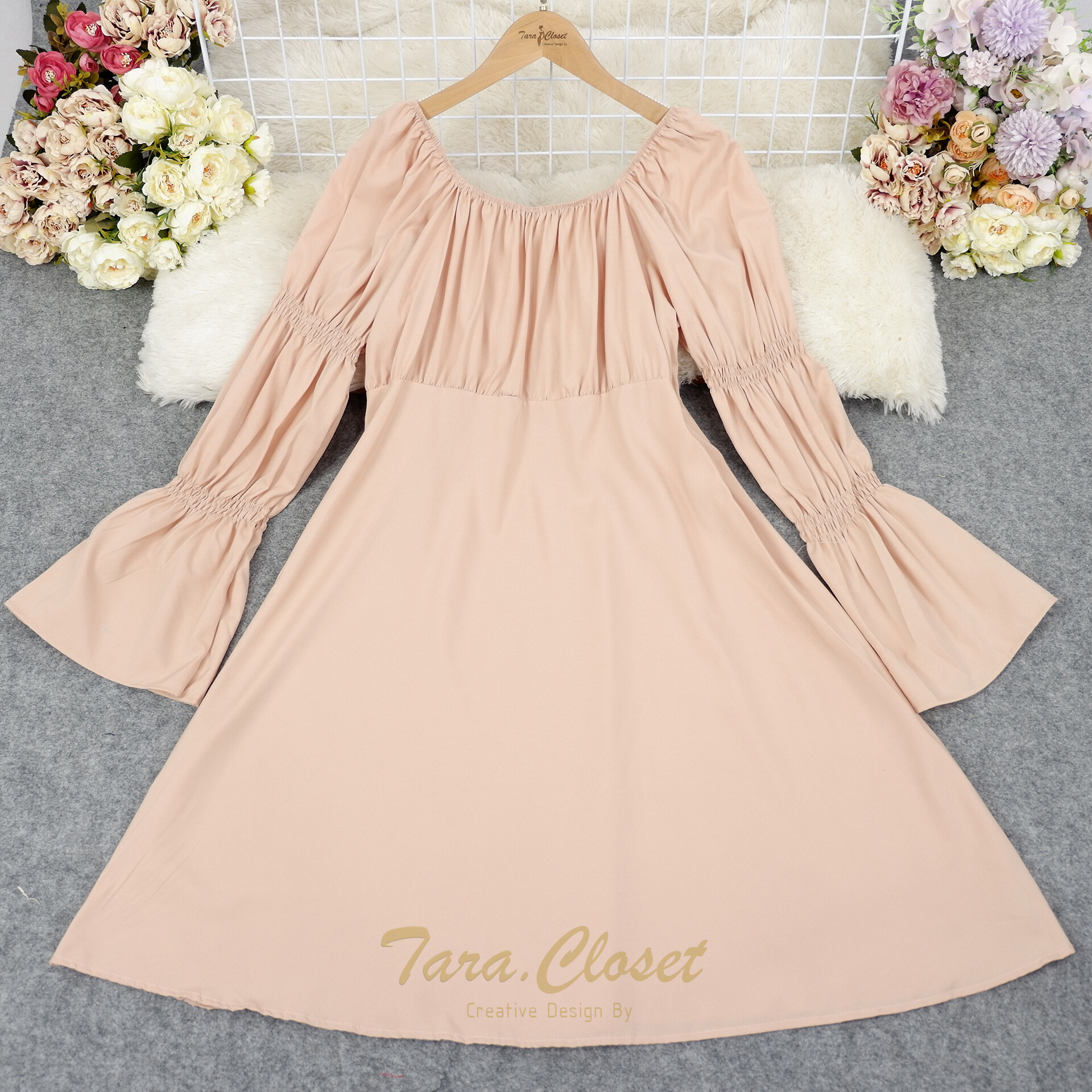 PE060 TARA Dress Bigsize ชุดเดรสญาญ่า คอเหลี่ยม ปาดไหล่ แขนยาว สม็อกแขน เนื้อผ้าไหมอิตาลี ผ้าเบาพริ้ว สวย ใส่สบาย