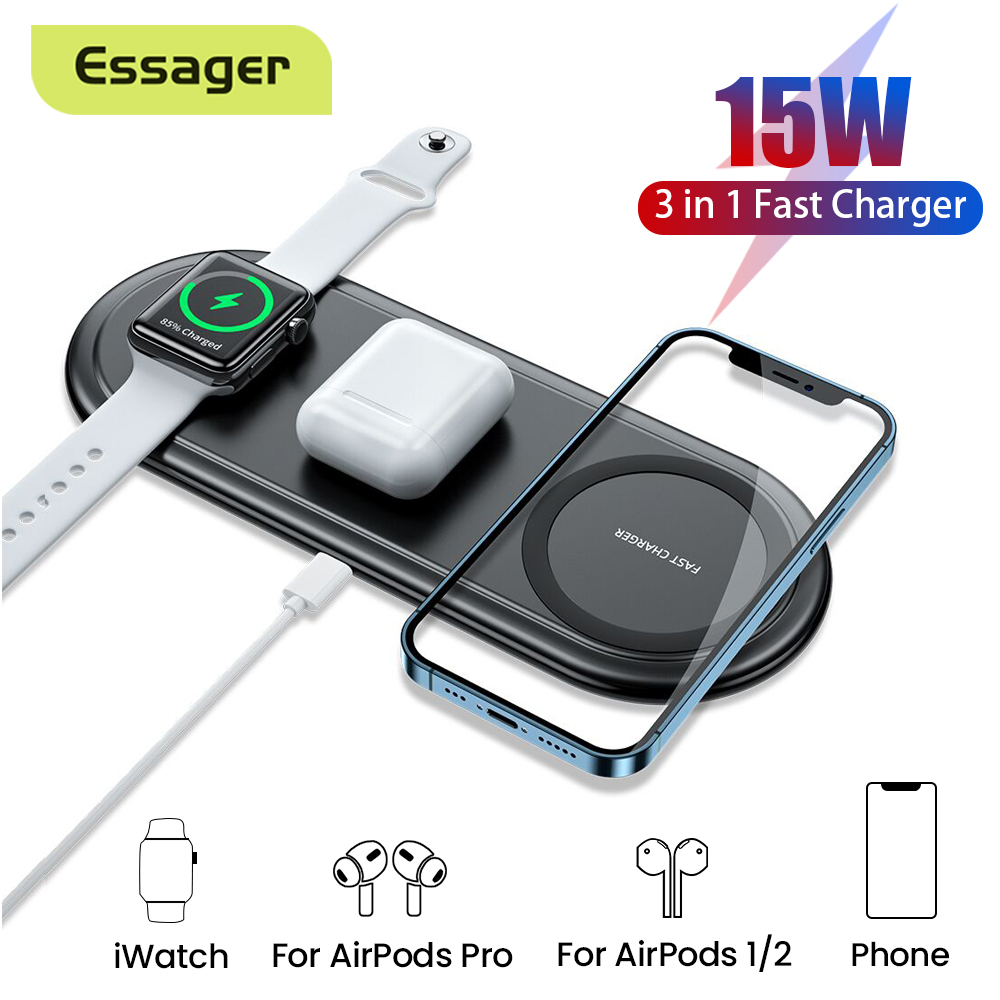 Essager 3 in 1 Qi Wireless Charger สำหรับ iPhone 12 11 Pro Max Apple Watch Airpods pro Induction Fast Wireless Charging Pad สำหรับ Xiaomi Samsung Huawei