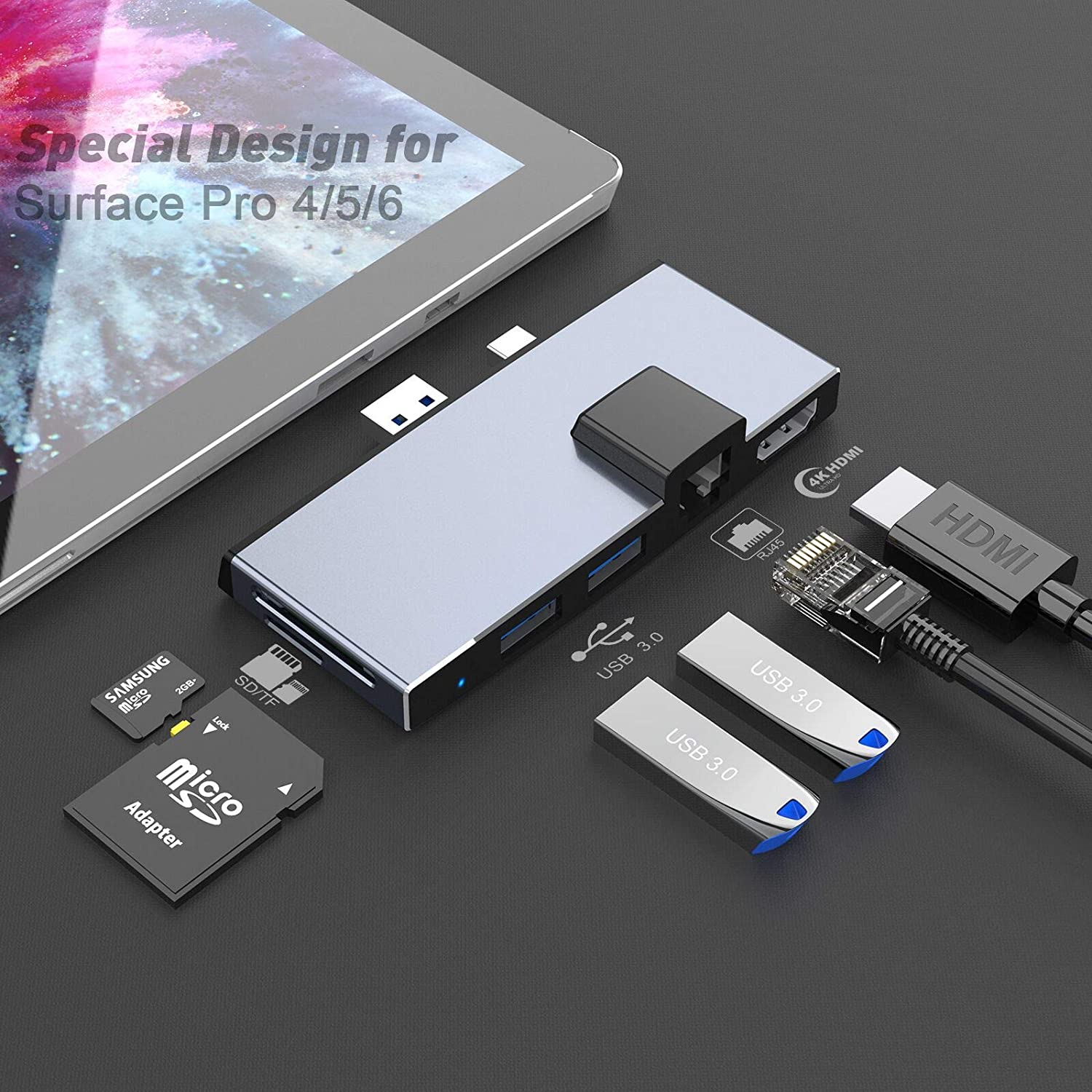 พื้นผิว Pro Dock สำหรับ Surface Pro 6/Pro 5/Pro 4 Hub แท่นวางมือถือ4K อะแดปเตอร์แปลง HDMI 3 USB 3.0พอร์ต (5Gps) SD/TF(Micro SD) เครื่องอ่านการ์ด Combo Microsoft Surface Pro Dock