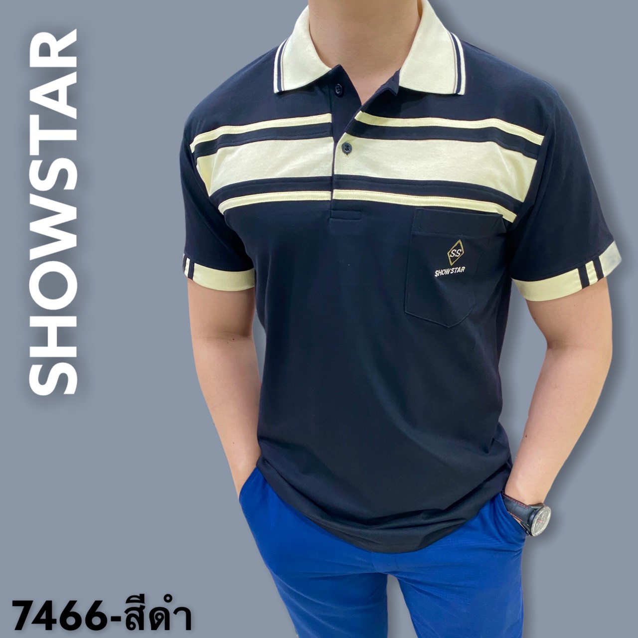 SHOWSTAR (ss7466) เสื้อโปโลชาย  ผ้าคอตอตอ100 แขนสั้น รุ่นมีกระเป๋า มีไซส์ L-3XL มีทั้งหมด 8 สี ผ้านิ่มใส่แล้วไม่ร้อน