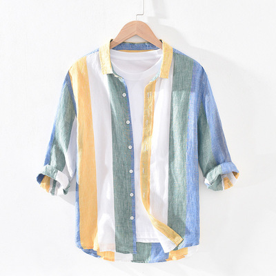 MNO.9 Men Shirt short sleeve Summer เสื้อเชิ้ตชายแขนสั้น แขน3ส่วน สไตล์ญี่ปุ่น ลายทาง เสื้อฮาวายเท่ๆ เสื้อเชิ้ตผู้ชาย เสื้อเชิตแขนสั้น เสื้อเที่ยวทะล