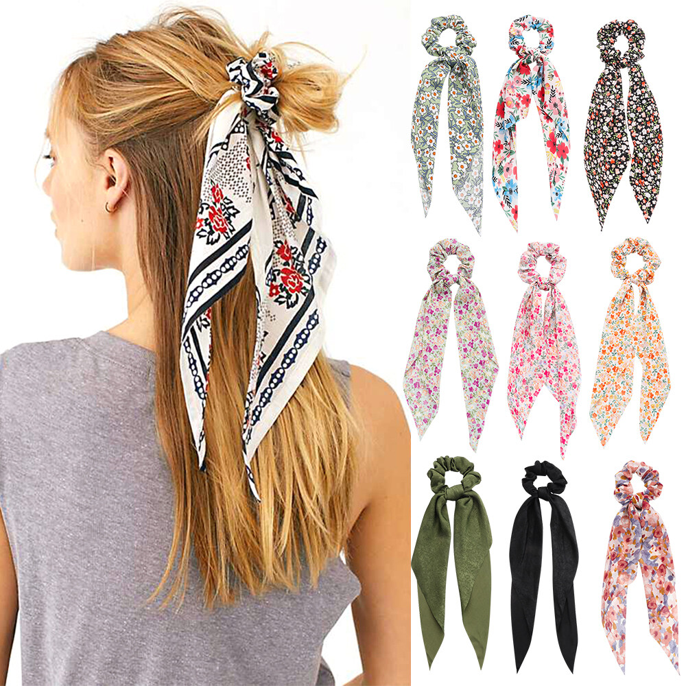 F8C503Y Ins Bow Ribbon Scrunchie Hair Accessories Boho Elastic Hair Bands Long Ribbon Hair Tie Ponytail scarf Floral Print Scrunchies
