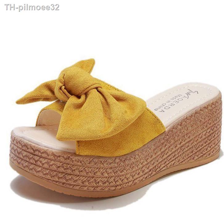 รองเท้าแตะผู้หญิงส้นสูง SHW017 ดีไซน์ใส่สบายมีโบว์น่ารัก แฟชั่นของในช่วงฤดูร้อนเวอร์ชั่นเกาหลี Black-Pink-Yellow 37-40