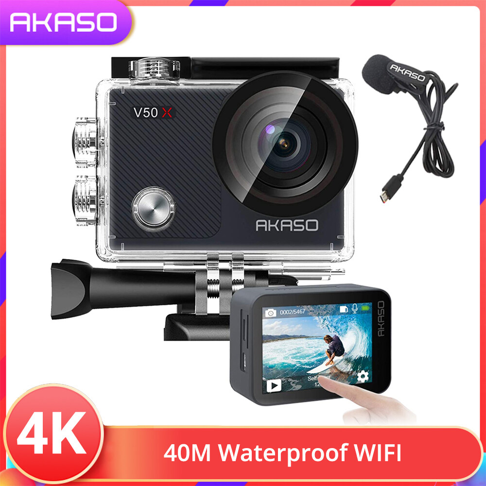 AKASO V50X กล้องแอ็กชันแคม4K30fps,กล้องกีฬาแบบใช้รีโมตควบคุมใช้ WiFi ได้พร้อมชุดอุปกรณ์เสริมหมวกกันน็อกกล้องกันน้ำได้4X ฟุตหน้าจอสัมผัส EIS ซูม131