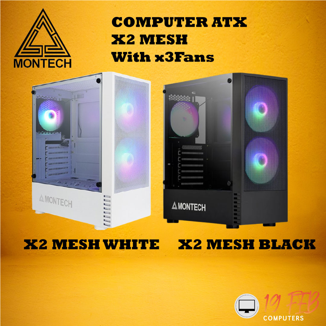 Computer Case Gaming Montech X2 MESH แถมฟรีพัดลม 3ตัว (3 x FAN : 12cm x1 / 14cmx2) Rainbow RGB ATX mATX itx