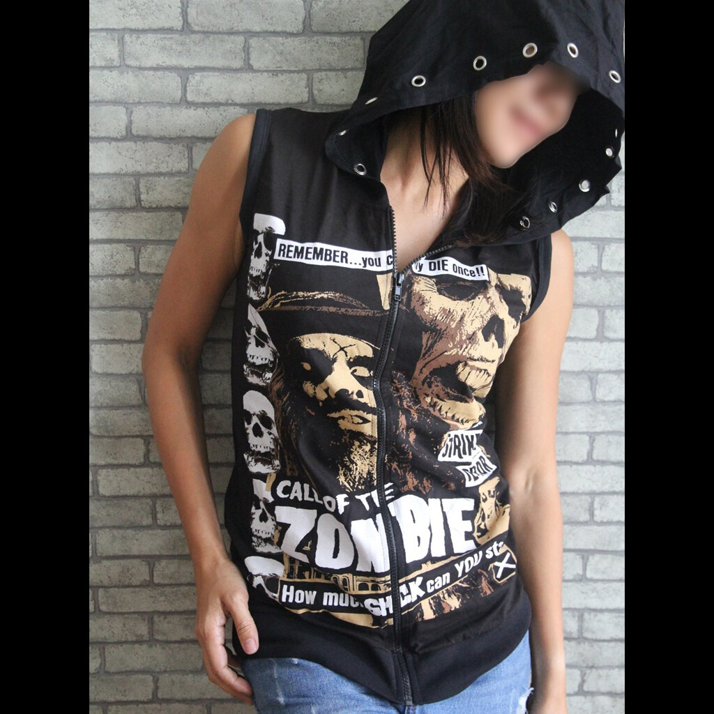 เสื้อฮู้ดแขนกุด เสื้อวงร็อค แจ็คเก็ต แนวสปอร์ต Handmade Rock Vest Hoodie Clearance (สินค้าจริงหมวกอาจไม่มีเจาะตาไก่เหมือนในรูป)