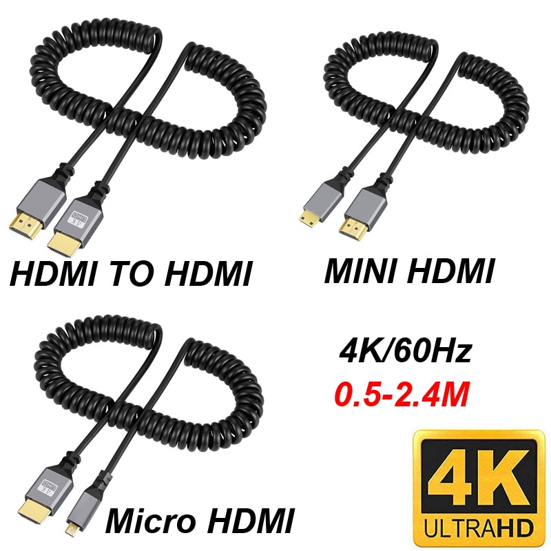 Cáp xoắn ốc linh hoạt nối dài 4k @ 60hz 0.5-2.4m tương thích hdmi sang hdmi/mini hdmi/ micro hdmi/coiled cáp đầu cắm đực sang đực