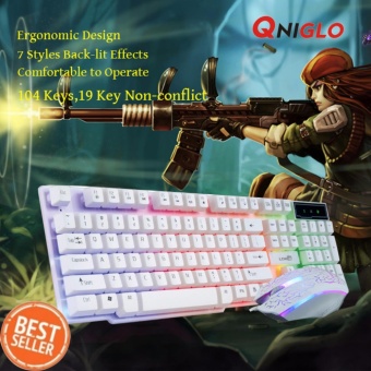 ราคา QNIGLO Switch 7 Colors Backlit LED USB Wired Game Keyboard mechanical Feel Gaming Keyboard + เม้าส์